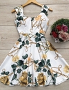 Vestido boneca rodado com zíper flores folhas e correntes