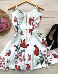 Vestido boneca rodado com zíper branco flores florido