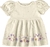 Vestido infantil com estampa floral em malha botonê, cor creme, mangas bufantes. VALENTINA MODA