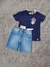 Conjunto infantil masculino da Malwee Kids com camiseta azul escura e short jeans claro, ambos com etiquetas. VALENTINA MODA