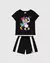 Conjunto infantil feminino com estampa de Minnie e Margarida, composto por camiseta preta e short preto com detalhes brancos. VALENTINA MODA