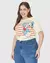 Camiseta feminina plus size off white com estampa do Pato Donald e listras vermelhas. VALENTINA MODA