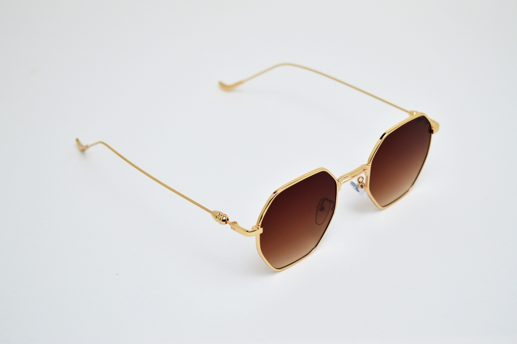 Óculos de Sol Quadrado de Metal Dourado com Lentes Marrom Degradê
