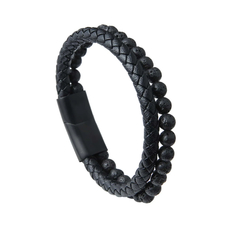 Pulseira Masculina De Couro Duplo Vintage Ônix Preto