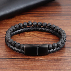 Pulseira Masculina De Couro Duplo Vintage Ônix Preto - Viva Gata