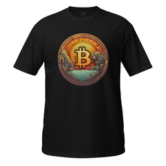 Camiseta bitcoin wooden shield unissex com mangas curtas