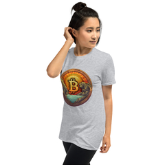 Camiseta bitcoin wooden shield unissex com mangas curtas - loja online