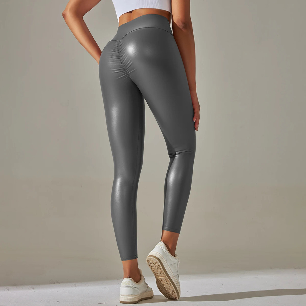 Calças leggings femininas couro sintético transparente cintura