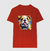 Camisa masculina vermelha com estampa colorida de um bulldog usando um gravata borboleta.