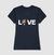 Camisa feminina azul com a palavra "LOVE" e a imagem de um cachorro colorido.