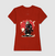 Camisa vermelha feminina com estampa de um cachorro samurai em um fundo vermelho, segurando uma espada.