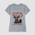 Camiseta Feminina cinza com estampa de um gato estilizado usando uma capa, com a frase "HOUNTING and hairless".