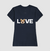 Camisa feminina azul com a palavra "LOVE" em letras brancas e a cabeça de um cachorro corgi sorridente no centro.