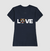 Camiseta Feminina azul com estampa de um bulldog e a palavra "LOVE" em letras brancas.