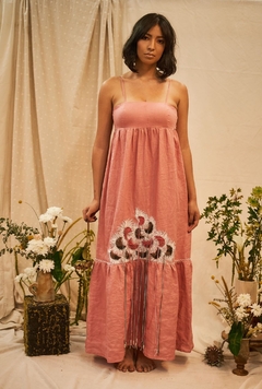 Vestido Longo Linho Natural, Alçinha, Bordado Floral Feito à Mão - comprar online