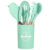 Conjunto de utensílios de cozinha em silicone verde, composto por 12 peças, organizado em um suporte cilíndrico.