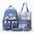 Conjunto completo de mochila e acessórios em tons de azul, incluindo mochila, bolsa de ombro, estojo e mochila menor.