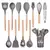 Conjunto de 12 peças de utensílios de cozinha em silicone, incluindo colheres, espátulas e um recipiente.