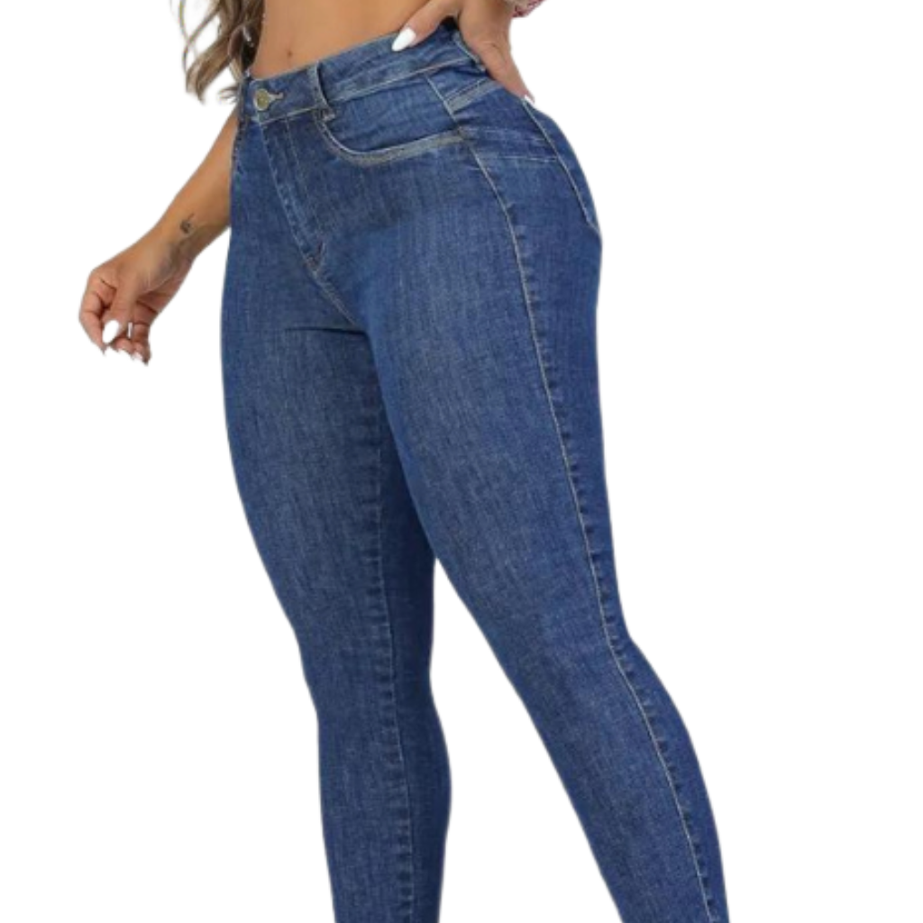 Calça Jeans Feminina Skinny Cintura Alta Empina Bumbum Azul Médio