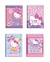 Cadernos pequenos da Hello Kitty com capas duras em rosa, apresentando diferentes ilustrações da personagem em quatro estilos distintos.