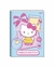 Caderno pequeno brochura da Hello Kitty com capa dura na cor rosa, apresentando a personagem em um fundo azul com detalhes coloridos.