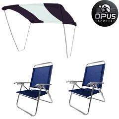 Kit Tenda Riviera Marinho e Branco + 2 Cadeiras King reclinavel Marinho
