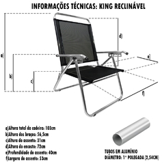 Cadeira de Praia King Reclinável em Alumínio Reforçado, suporta até 140kg, na cor Preta - loja online