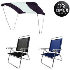Kit Tenda Riviera Marinho e Branco + 2 Cadeiras King reclinavel Preta + Azul