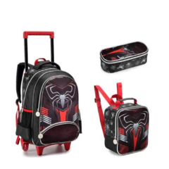 Kit Mochila Rodinha Infantil Masculino Grande Aranha Menino C/Alça Lancheira Estojo Dark Spider