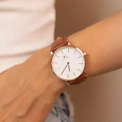 Relógio Minimalista Marrom Pulseira de Couro Bronx Rosé Gold 40mm - Paty Acessórios