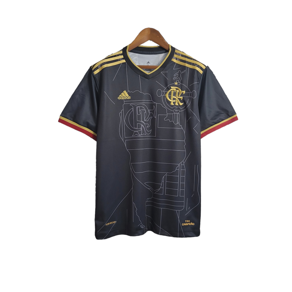 Camisa Flamento Edição Especial Tri Campeão 22/23 Torcedor Masculina - Preta  com detalhes em dourado