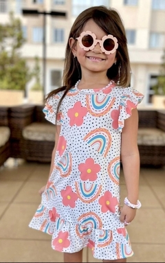 Vestido com Estampa de Flores e Arco-Íris - Magia & Harmonia Kids | Referência em Moda infantil Feminina e Masculina em todo Brasil