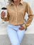 Camisa Social Tipo Linho com Bordado Floral Vazado no Busto - Marrom Claro - comprar online