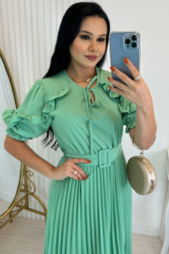 Vestido Plissado Midi Forrado - Tecido Crepe Seda Verde - comprar online