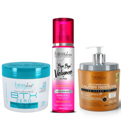 Kit máscara btx 250g + bye bye volume 200ml + Cauterização Capilar Forever liss 500g