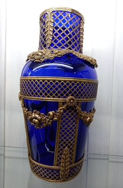 Antiguo Vaso Cristal Azul Monturas Bronce - comprar online