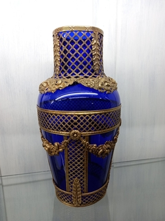 Antiguo Vaso Cristal Azul Monturas Bronce - ManyAntiques