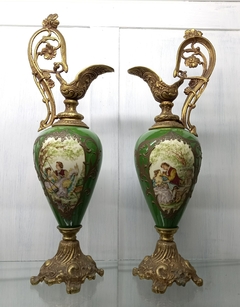 Par De Ánforas Jarras En Bronce Y Porcelana