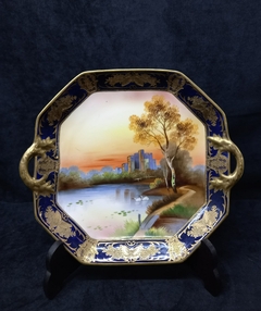 Antiguo Centro Bandeja Noritake Azul Oro