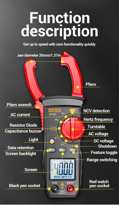 Alicate Amperímetro Digital, Multímetro ANENG-ST181 - loja online