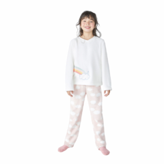 Pijama Infantil Menina Longo Estampado Em Fleece - Off White