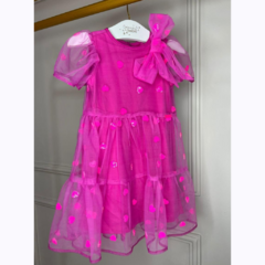 Vestido Pink de Tule com Corações de Paetê