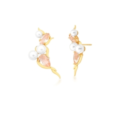 Brinco Ear Cuff Com Cristais e Pérola Shell Banhado a Ouro