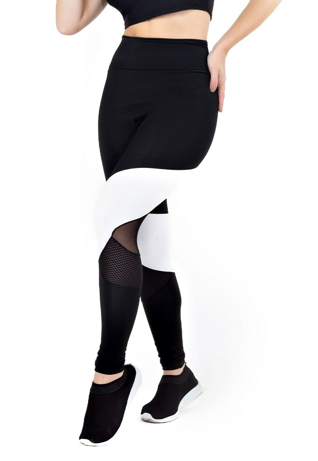 Calça Legging Cintura Alta Assimétrica com Detalhe em Branco Detalhe em  Tulê e Tela Preto REF: LX122