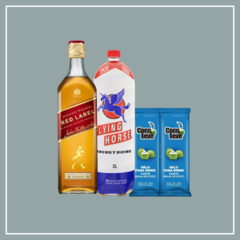 WHISKY RED LABEL 1L + FLYING HORSE + 2 GELOS DE COCO