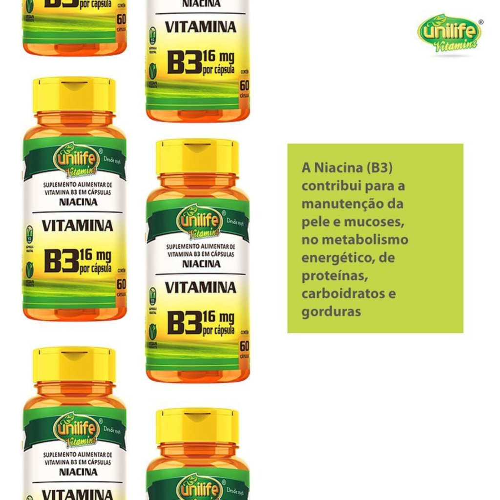 Kit 2 Vitamina B3 Niacina 500mg Unilife Suplemento 60 Cápsulas