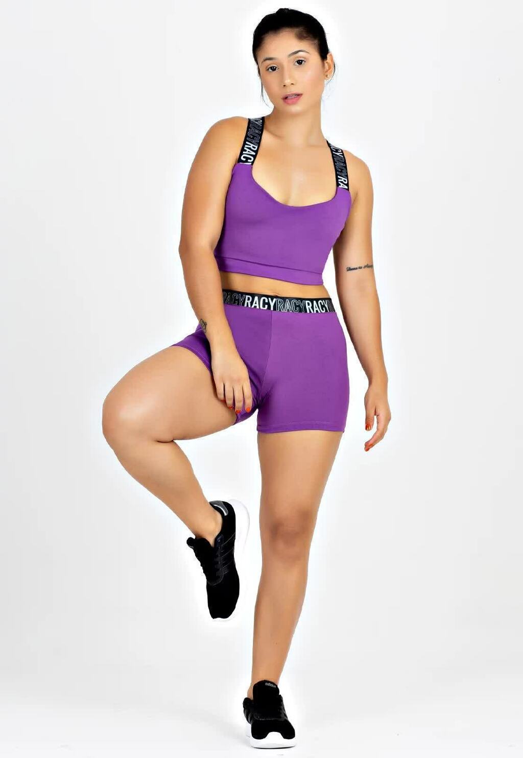 Conjunto Feminino Fitness Cropped Sustentação + Short Legging Roxo