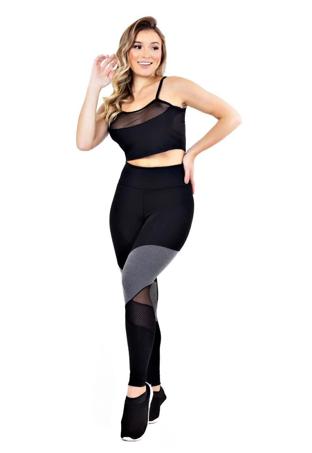 Conjunto Fitness 3 Peças Calça Legging + Top + Cropped de Telinha Preto com  Elásticos Racy REF: CCA9 - Racy Modas