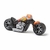 Brinquedo em forma de moto estilo chopper, com detalhes em laranja e preto.