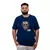 Camiseta masculina plus size na cor azul marinho com estampa de caveira e rosas, representando o Rock In Rio.